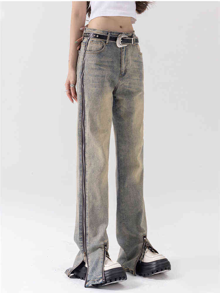 

High Waist Wide Leg Zipper Slit Jeans Women's Summer American Design High Street Straight Pants Loose Denim BLUE Trousers Female T220728
