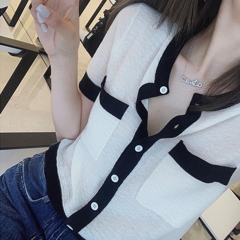 

Women's Knits & Tees Summer Xiaoxiang Feel Color Matching Cardigan Skin Friendly Breathable Fine Wool Short Sleeved Top WomenWomen's, Xiaoxiang cardigan