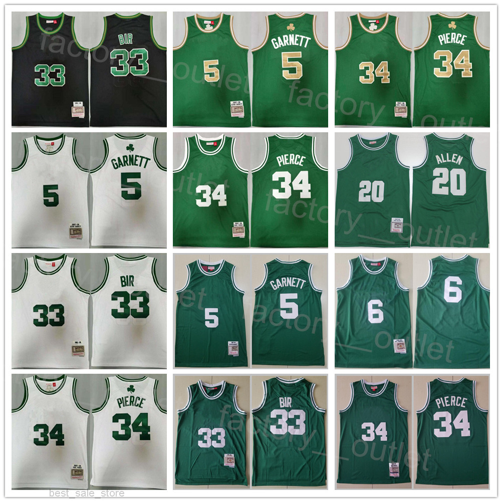Man Vintage Basketball Mitchell & Ness Retro Paul Pierce Jersey 34 Larry Bird 33 Kevin Garnett 5 Ray Allen 20 Bill 6 All Stitched Team Green