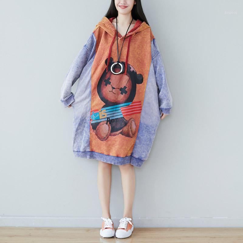 Robes décontractées Femmes Plus Taille Pull Printemps Dessin animé Hit Couleur Robe à capuche Personnalité Fait vieux et mince
