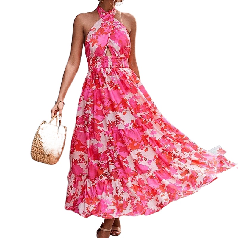 women&#039;s A Line Dress Maxi long Dress Black Pink Dusty Rose Fuchsia Orange Sleeveless Floral Plaid Backless Print Spring Summer Halter Neck E-image-761478536