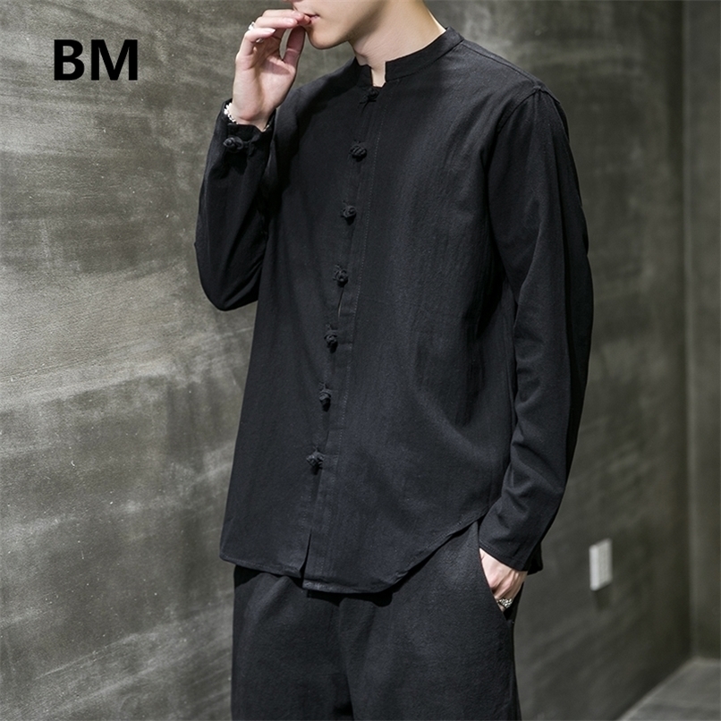 

Linen Shirts Men Clothing Chinese Style Long Sleeve Retro Buttoned Shirt Solid Color Stand-up Collar Loose Plus Size Tops 220322, Black