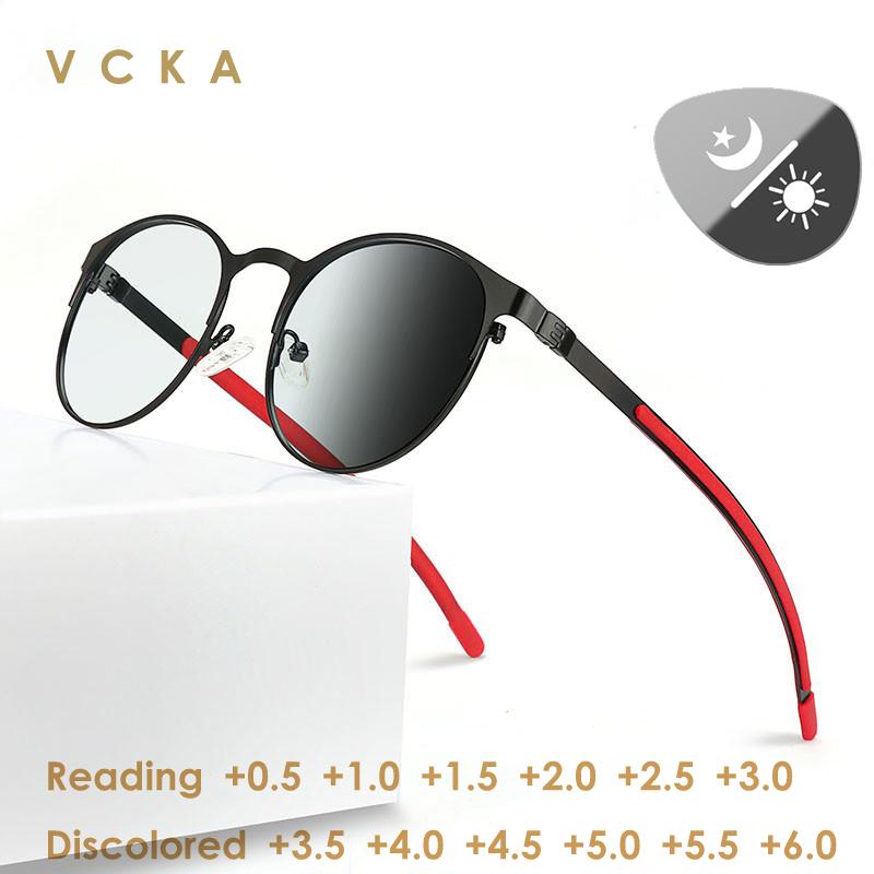 

Sunglasses Fashion Blue Light Blocking Pochromic Grey Reading Glasses Men Women Round Farsighted Titanium Alloy Eyewear 0.5 To 4.Sunglasses