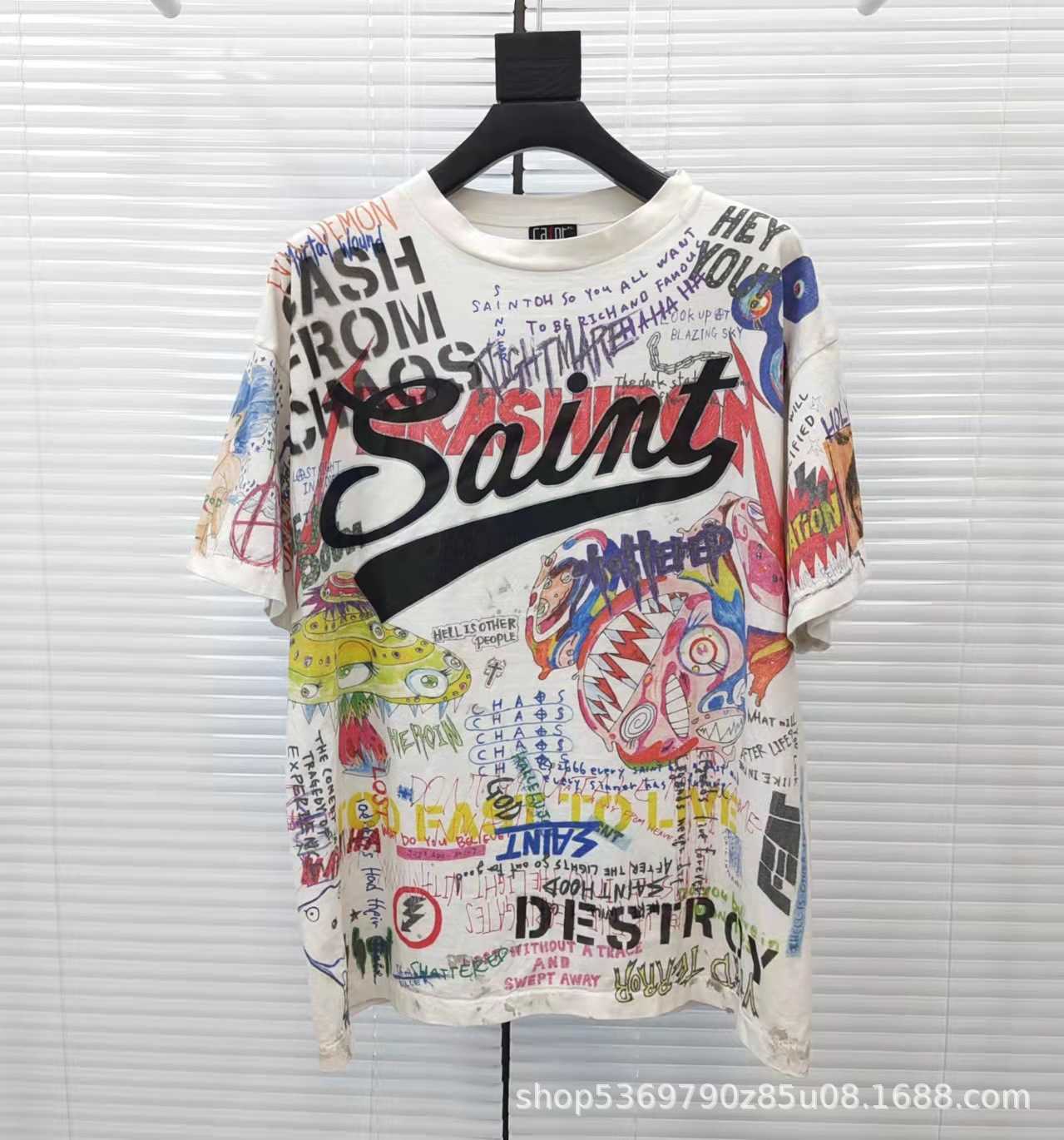 

Men' T-Shirts 2022 spring / summer Saint Michael Murakami co branded Japanese graffiti cartoon short sleeve T-shirt, White