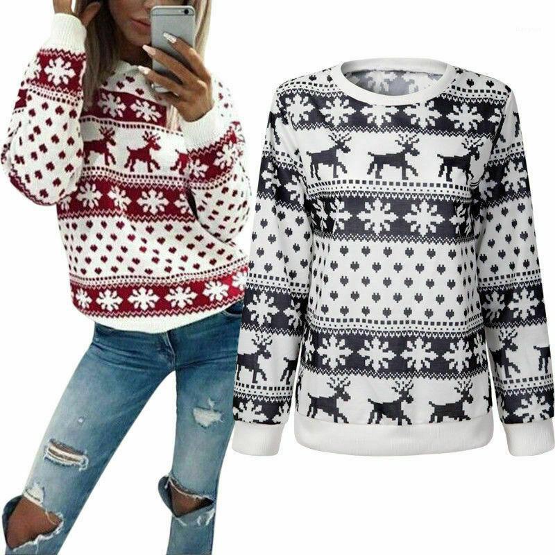 

Women' Hoodies & Sweatshirts Christmas Printed Women Sweatshirt Jumper Female Snowflake Deer Pullovers Ladies Long Sleeve O-Neck Xmas Cloth, Black