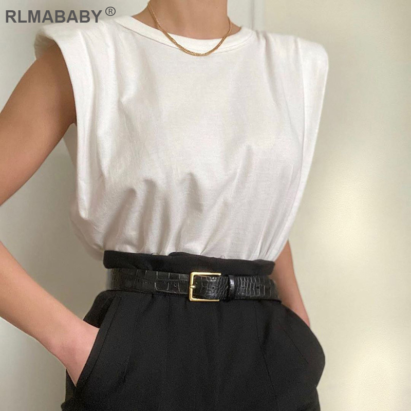 

Sleeveless Shoulder Pad Casual Women T Shirts Solid Round Neck Summer Tops Loose Cotton Tee Shirts Soft Office Ladies T Shirts, Black