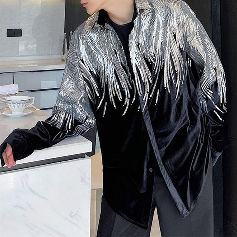 

Men's Casual Shirts Male Embroidered Sequin Shirt Men's Long-sleeved Loose Oversize Personality Tide Brand Niche Design Velvet ShirtMen', Black