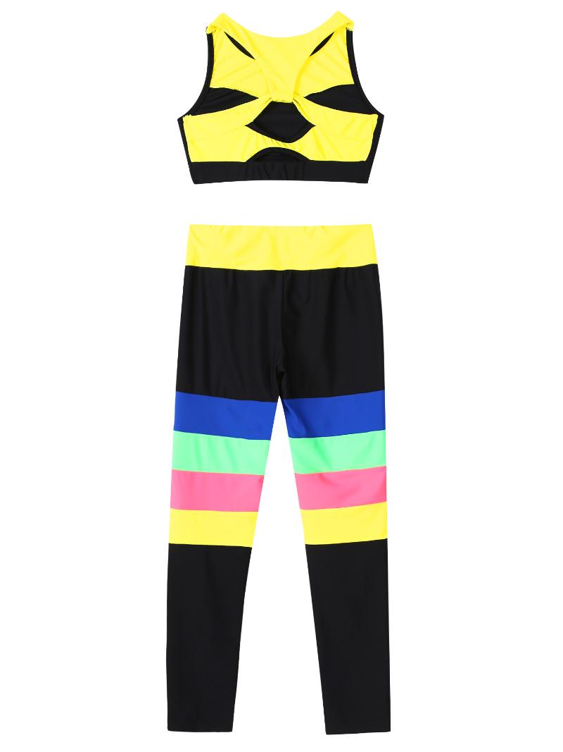

Running Sets Kids Girls Sport Suit Colorful Sleeveless Keyhole Back Color Block Stripes Cropped Vest Tops And Pants Set For YogaRunning, Beige