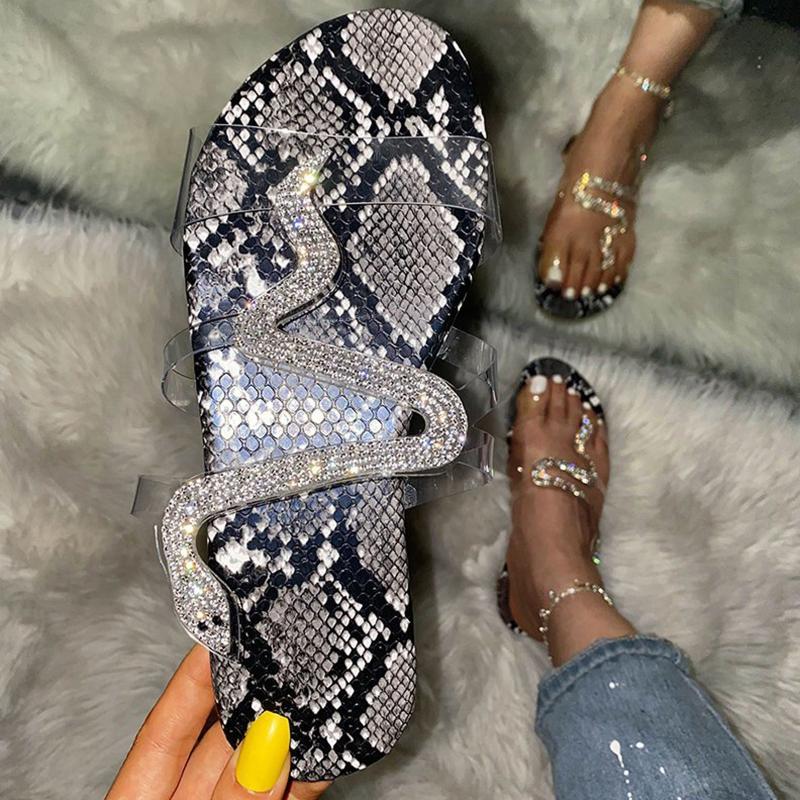 

Slippers Summer Women Ladies Sandals Flip Flops Open Toe Rhinestone Snakeskin Pattern Flat Shoes Casual Zapatos De Mujer#g3, Black