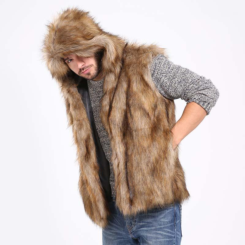 

Winter Thicken Warm Men Hairy Faux Fur Vest Hoodie Hooded Waistcoats Sleeveless Pockets Coat Outerwear Jackets Plus 3X 6Q2041, As pic