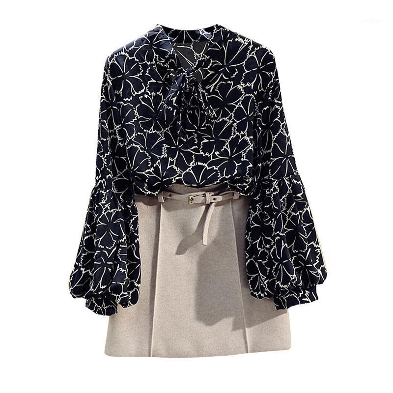

Women's Blouses & Shirts Spring Autumn Lantern Sleeve Shirt Wild Bow Collar Chiffon Women Long Blouse Womens Tops GD238, Photo color