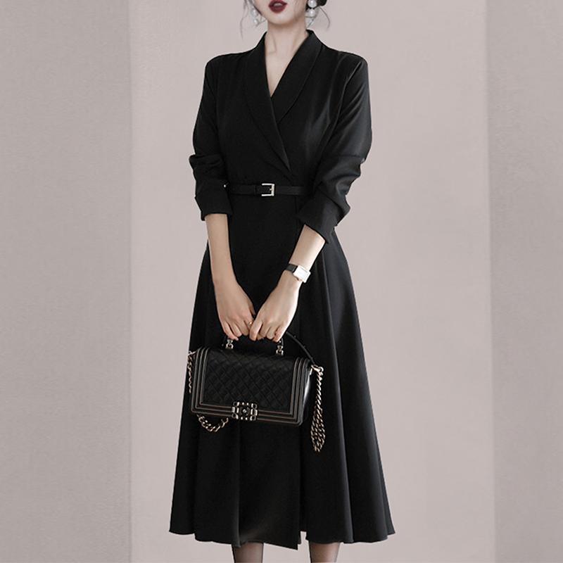 

Casual Dresses JSXDHK High Quality Women Dress Elegant Autumn Winter Notched Long Sleeve Black Female Office OL Midi With Belt