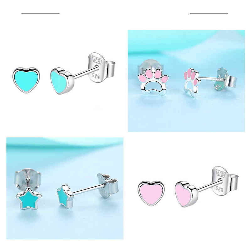 

ELESHE Blue Pink Enamel Heart Star Pet Paw Small Earrings for Women Girls 925 Sterling Silver Stud Earrings Fashion Cute Jewelry L220614
