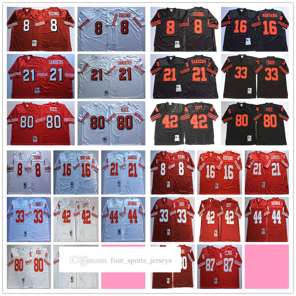 

NCAA 75th Vintage Football 80 Jerry Rice Jerseys Stitched 8 Steve Young 33 Roger Craig 42 Ronnie Lott 44 Tom Rathman Jersey Mitchell & Ness Red Black White, Same as picture