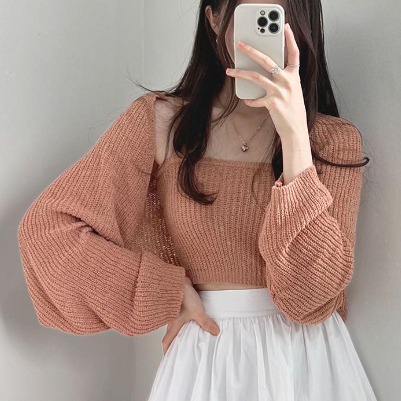 

Women's Knits & Tees Korean Chic Summer Women Knitted Cardigan With Elastic Pit Strips Camis Tank Tops 2 Piece Sweater FashionWomen's, Pink
