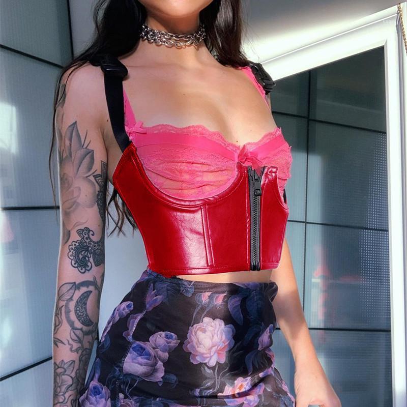 

Hirigin Women' Sexy Tops Locomotive Style Schoolbag Buckle Vest Casual Sleeveless Tight Leather Bustiers Tanks & Camis, Red