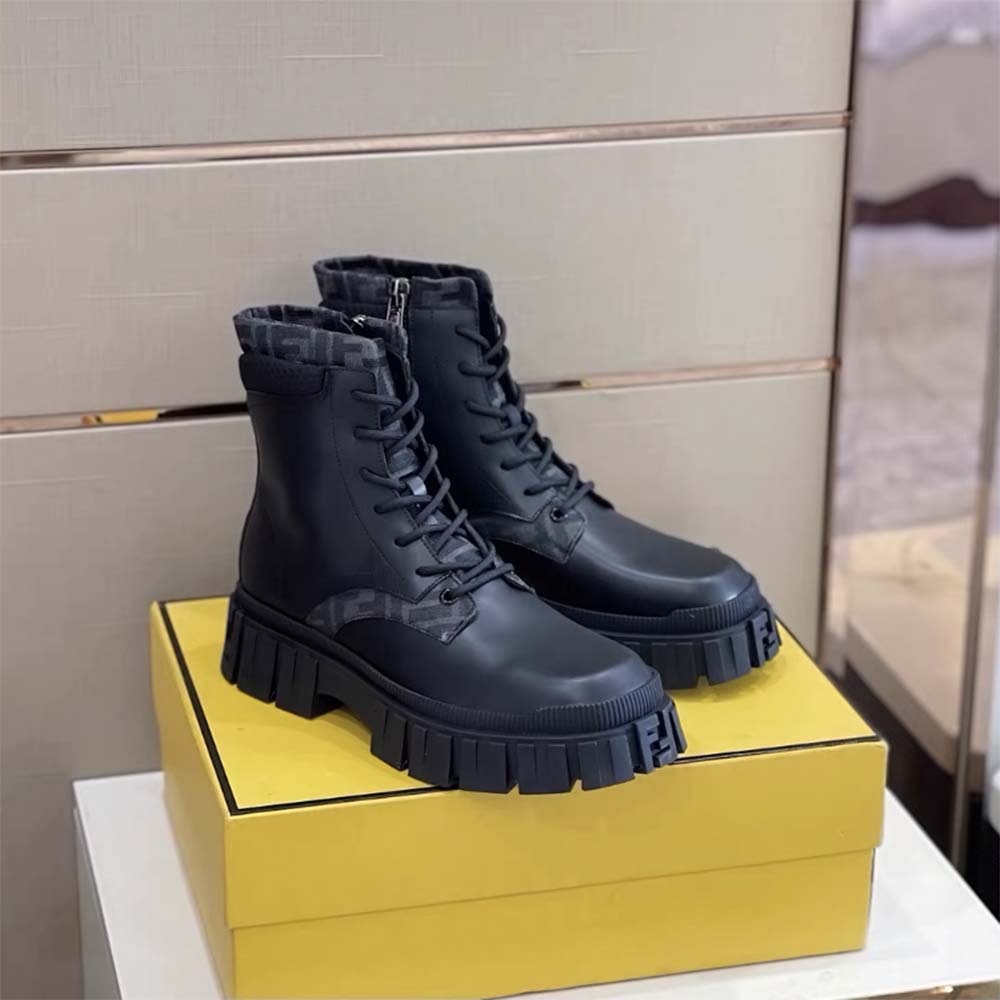 

Luxury Men Force Match leather Sneakers Shoes Black FF embossed Casual Men's Black loafers y8