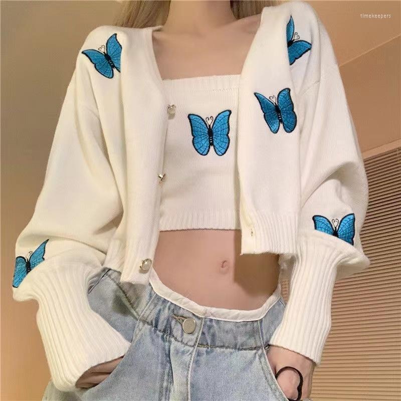 

Women's Knits & Tees Retro Butterfly Knitted Cardigan Women's Sweater Fashion Luxury Crop Top Coat Vest Tops For Women Korean Clothes Wh, White vest