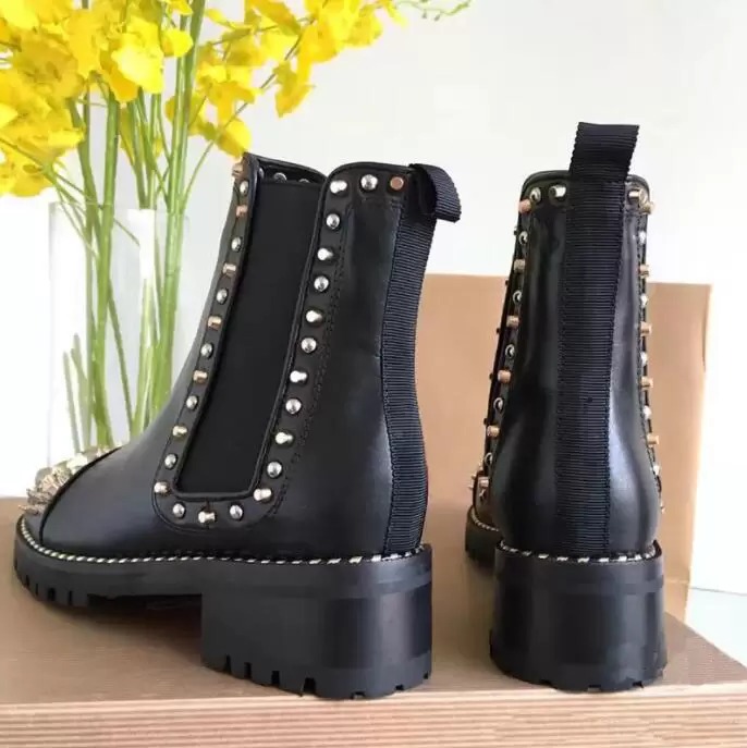 Winter Women's Ankle Boots High Heels Sole red Leather Pointed Toe Brand Designer Luxury Ankle Fashion Rubber Chunky Heel Metal Rivets