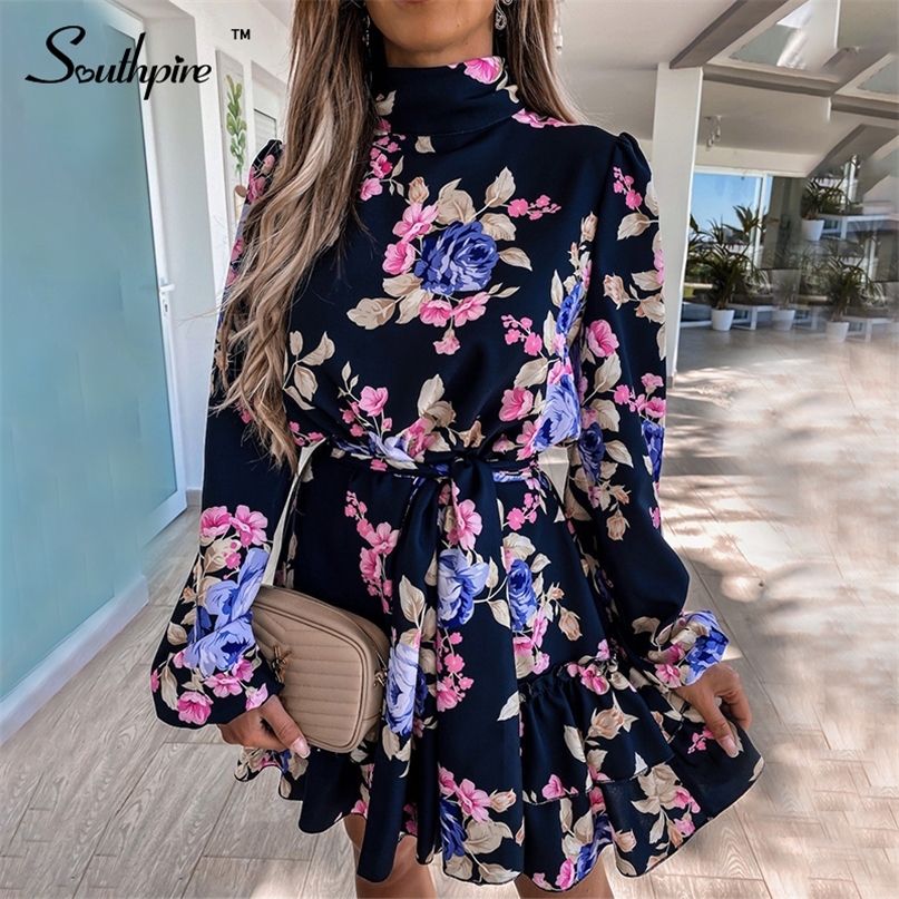 

Southpire Navy Floral Print Loose Style Mini Dress Women Long Sleeve High Neck Party Ladies Day Casual Clothes Spring 220418
