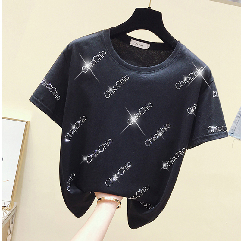 

Diamonds T Shirt Letter T-Shirt Women Clothes Short Sleeve Summer 2022 Womens Tops Cotton Korean Fashion Tshirt Vetement Femme, Black