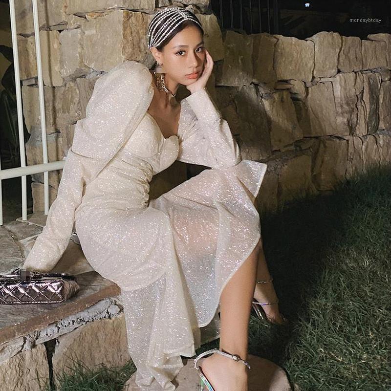 

Casual Dresses Ladies Elegant Low Square Collar Ruched Midi Dress Women Spring Long Puff Sleeve Ruffles Mesh Mermaid Party, Silver