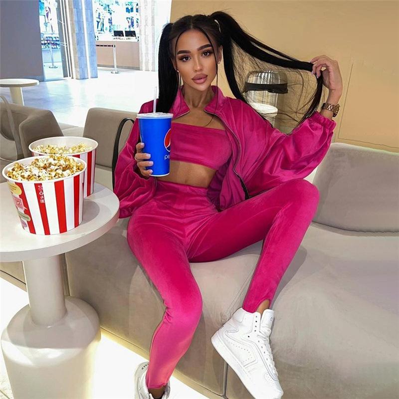 

Women' Two Piece Pants 2022 Winter Two-piece Set Women Velvet Solid Color Suit Cropped Top Warm Fabric Streetwear Slim Fit Bulk Item Wholes, Pink