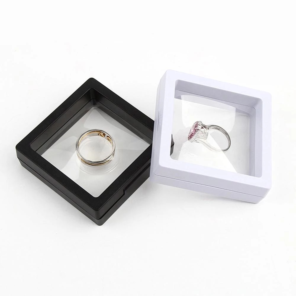 

PE Film Jewelry Storage Box 3D Packaging Case Gemstone Free Stand Floating Frame Membrane Ring Earrings Necklace Display Holder