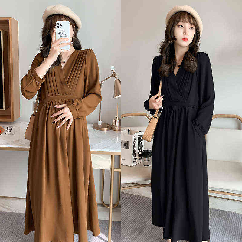 

Maternity Dress 2022 New Spring Clothes For Pregnant Women Folds V-Neck Long Sleeve Mid-Calf Vintage Vestidos High Quality G220418, Dark khaki