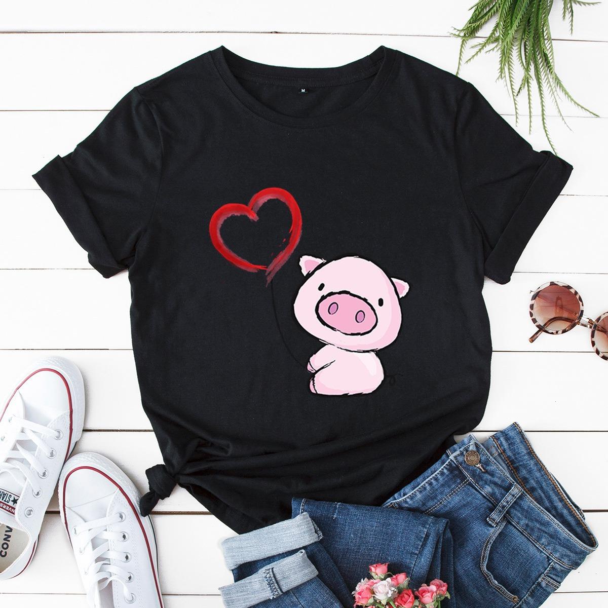 

Heart Pig Print Women T Shirt Short Sleeve O Neck Loose Ladies Tee Clothes Camisetas Mujer, Yellow