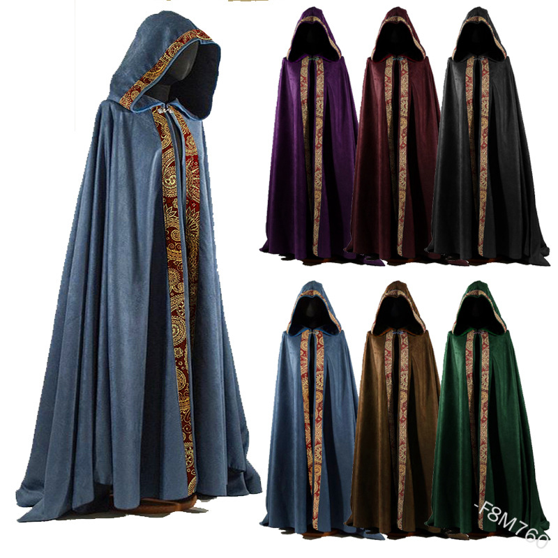 

Medieval Women Men Vintage Gothic Hooded Cloak Coat Halloween Vampire Devil Wizard Cape Viking Robe Gown Party Cosplay Costume, Blue