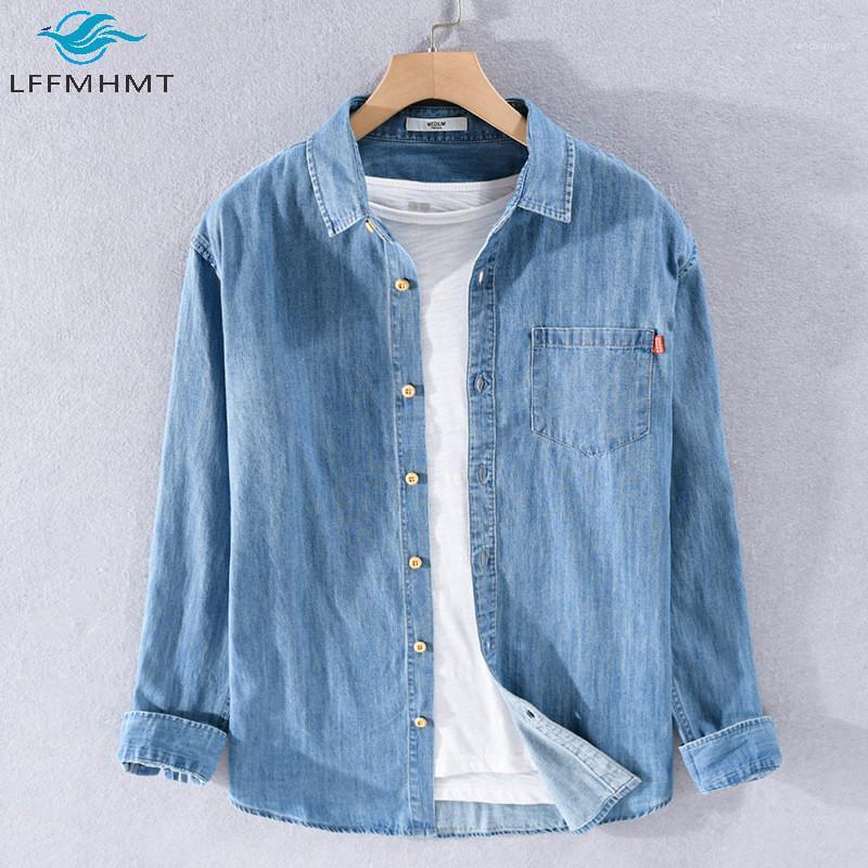 

Men Fashion Lapel Long Sleeve Denim Shirts For All Season Male Button Up Korean Style Simple Harajuku Casual Wild Bottoming Tops Men's, Deep blue