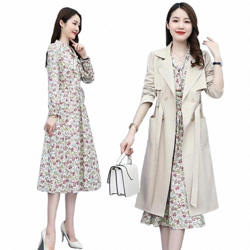 

women's Trench Coats 2021 Autumn Elegant Style Collar Fashion Personality Floral Print Coat Two-Piece Suit B5pY#, Deep coffee