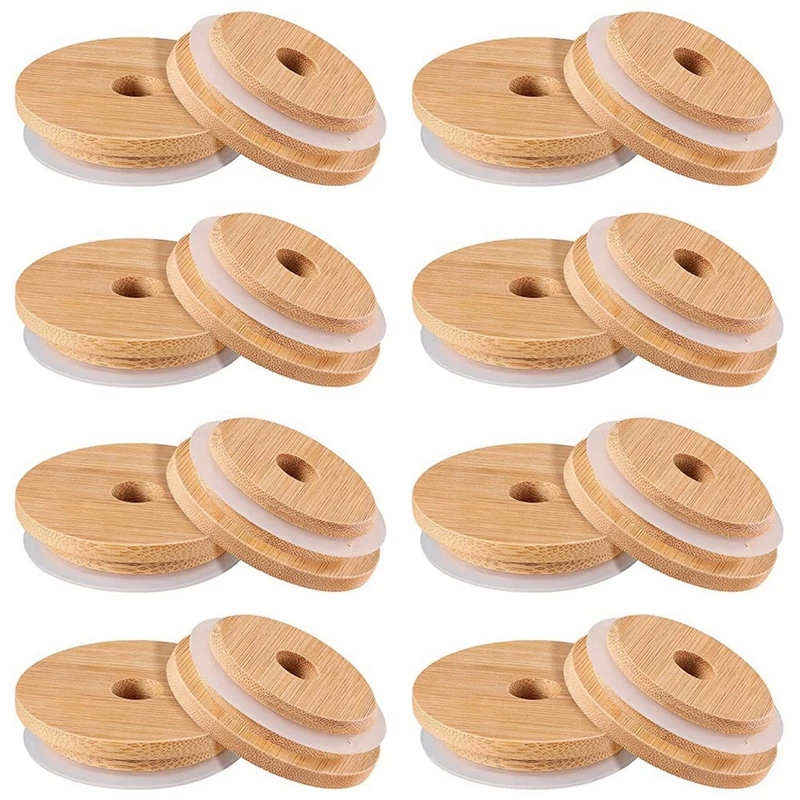 

Eco Friendly Reusable Bamboo Wood Lids Wide Mouth Cup Mason Jar Lid With Straw Hole Storage Bottles Covers Caps Seal Ring