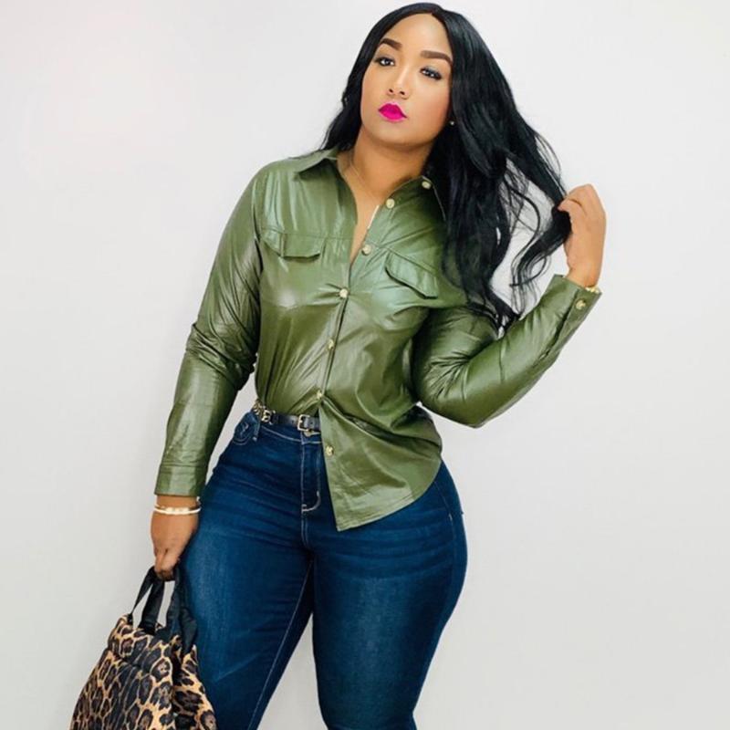 

Women's Blouses & Shirts Autumn Winter PU Leather For Women Causal Turn-down Collar Blouse Shirt Streetwear Single-breasted Chic Pocket Tops, White