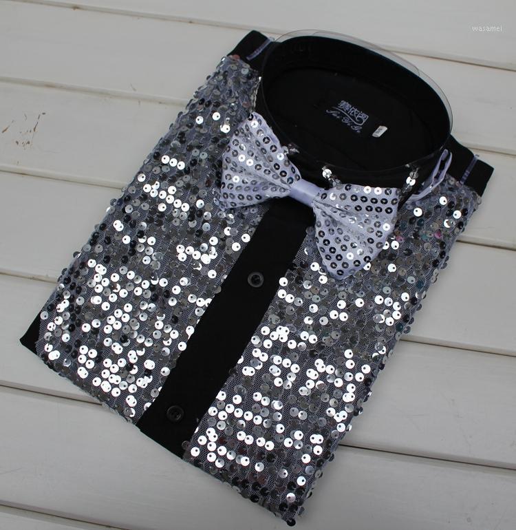 

Cotton Luxury Sequin Shirts Men' Chemise Stage Dance Performance Glitter Sequined Prom Costume Dress Wedding Groomsmen Shirt Casual, Black