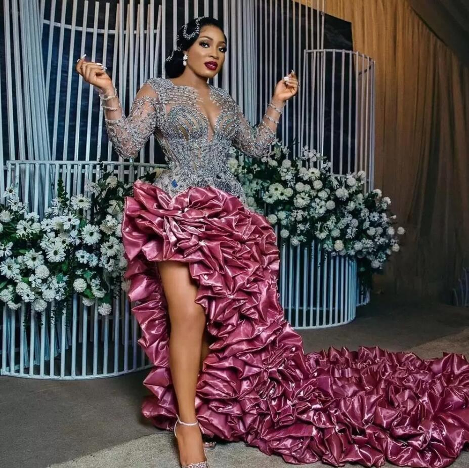 Fuchsia Asymmetrical Mermaid Prom Dresses Major Beads Sequins Illusion Aso Ebi Evening Dress Ruffles Train Black Girl Celebrity Gown 0411-image-760458712