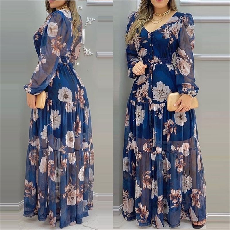 

Summer Floral Print sexy V Neck Chiffon Maxi Dress Casual Loose Long Sleeve Lantern Beach Wear Style 220614, Blue