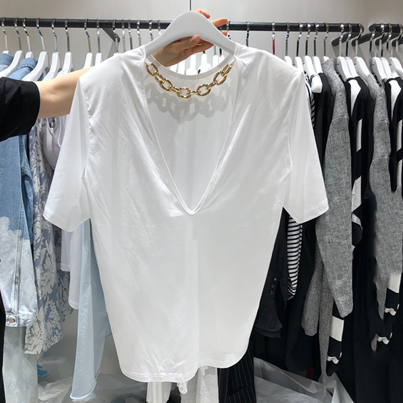 

Design 2022 Heavy Metal Chain V-neck Solid Color Elastic Show Slim Loose T Shirt Top 220613, White