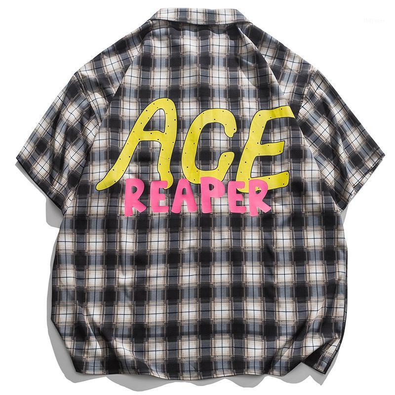 

Men's Casual Shirts Summer Classic Plaid Men Clothing Letter Printed Button Blouse Fashion Korean Causal Short Sleeve Coat Male Plus SizeMen, Black