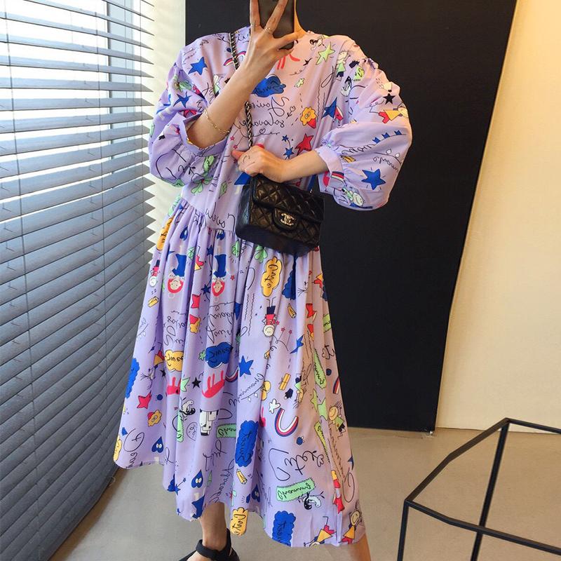 

Plus Size Dresses Summer Style Childlike Cute Print Cartoon Dress Round Neck Loose And For Women Short Sleeve 2022, Black