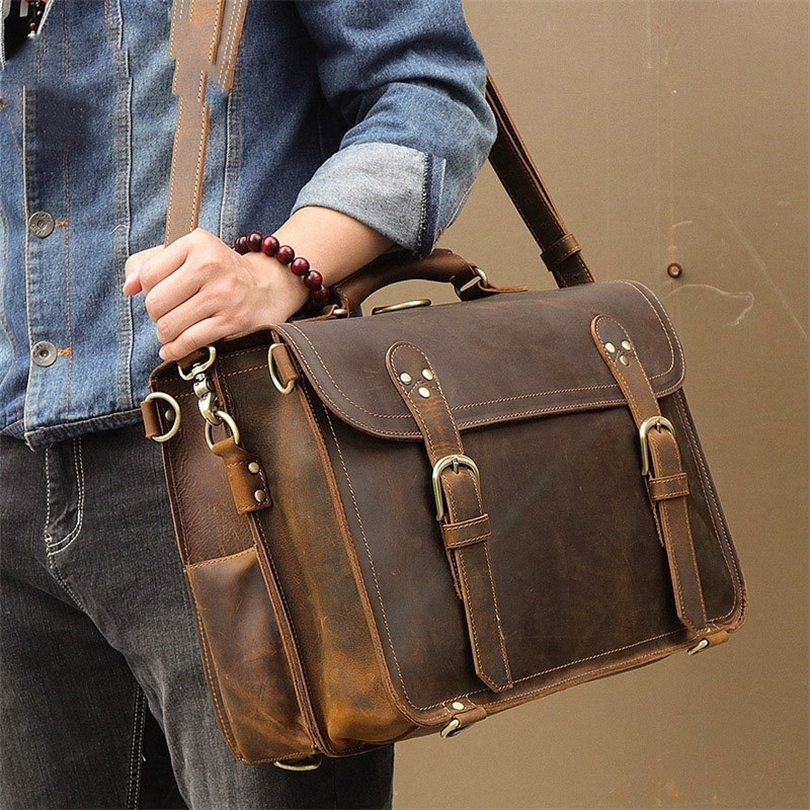 

Genuine Leather Briefcase Bags Crazy Horse Leather Bag Men Office Bags For Men Leather Laptop Bag 17 Maletines Hombre Trabajo 201119, Dark brown