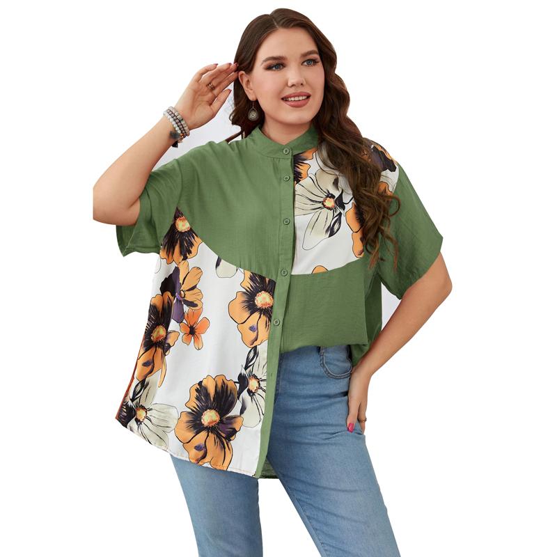 

Women's Blouses & Shirts Loose Women Top Single Breasted Short Sleeve Tops Blusa Summer Fashion Floral Print Patchwork Street Style Casual, Black