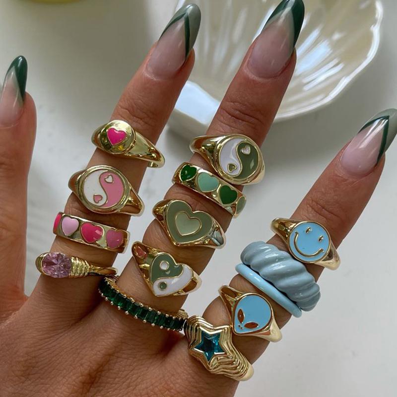 

Cluster Rings Funky Ins Hyperbole Y2K Corful Double Layer Heart Yin Yang For Women Girl Gold Silver Knuckle Finger Ring Trendy JewelryCluste