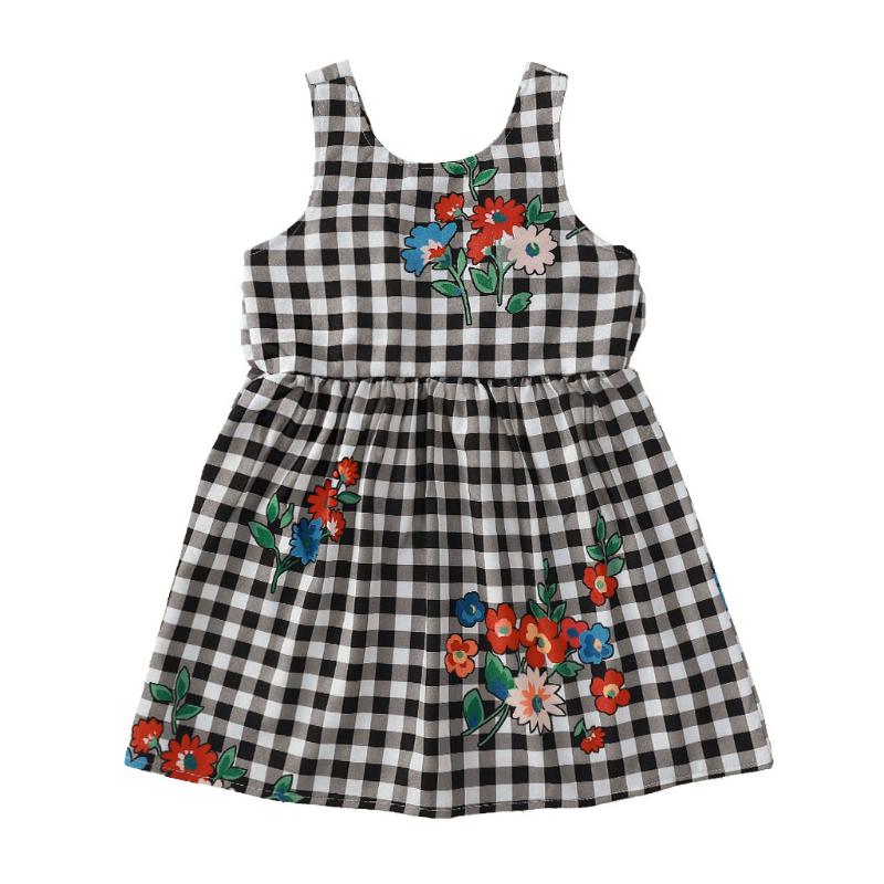

Girl's Dresses Summer Girl Dress Sleeveless Floral Print Plaid Children ClothingGirl's
