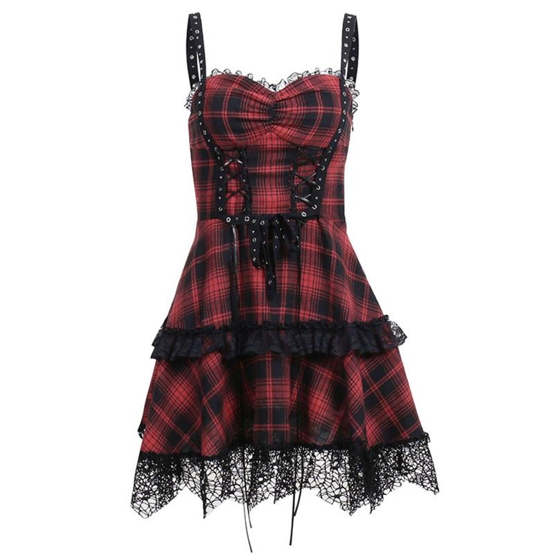 

Casual Dresses Lolita Plaid Dress For Women Sleeveless Vintage Frill Frock Lace Mini Ladies Party Ball Gowns Cosplay CostumeCasual, As pic