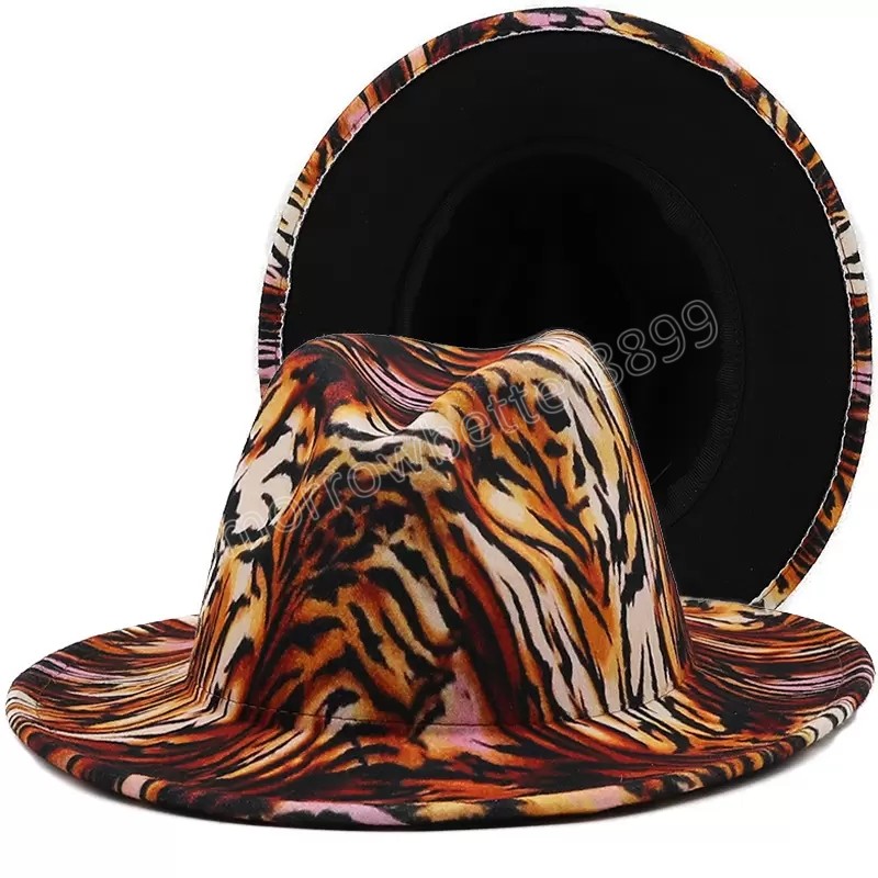 

Tiger Print Fedora Hat Women Men Wide Brim Hats Woman Felt hat Fedoras Man Fashion Casual Cap Female Male Double Color Top Caps Spring Autumn Winter Wholesale, Mixed color