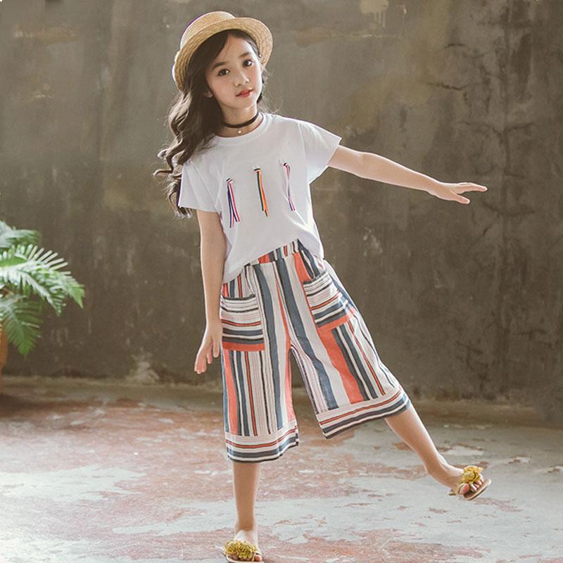 

Clothing Sets Kids Girls Summer Suit 2pcs Short Sleeve T-shirt + Ribbon Shorts Big Virgin 4-12 Years Old, White