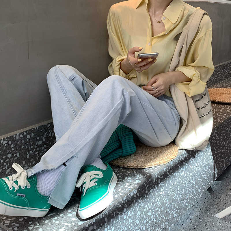 

Korea Ulzzang women solid color Vintage split casual jeans fashion Harajuku chic high waist punk ins trousers straight jea 210608