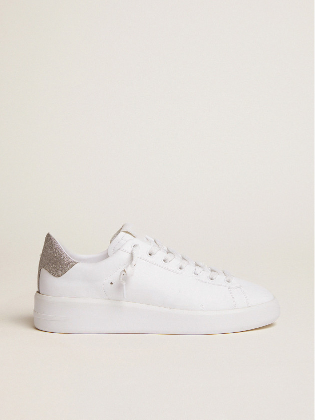 

Shoe Sole Dirty Designer Luxurious Italian Vintage Handmade Purestar White Leather Sneakers with Tonal Tone XX and Silver Micro Glitter Heel Tab, High quality laces